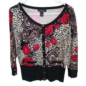 White House Black Market Womens M Black Floral Paisley Leopard Cardigan Sweater
